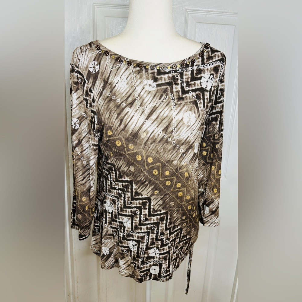Ruby Rd. Top Brown Tan Gold Geometric Boho Size Medium
